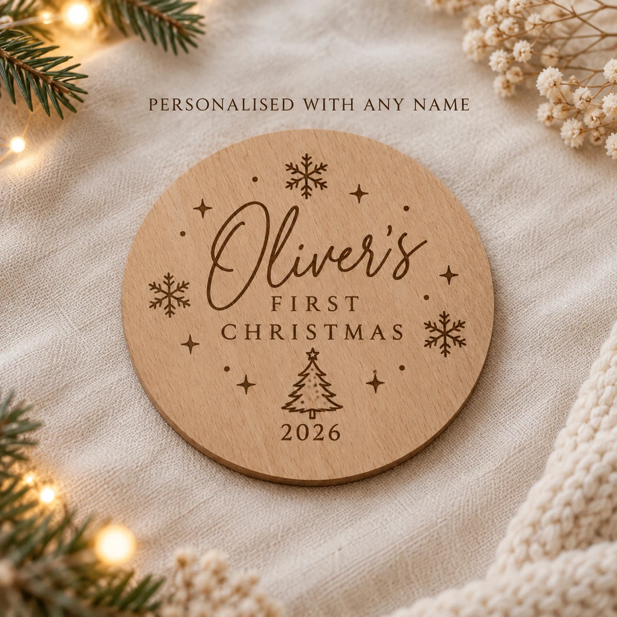 Personalised Baby's First Christmas Wooden Milestone Disc - Keepsake Photo Prop