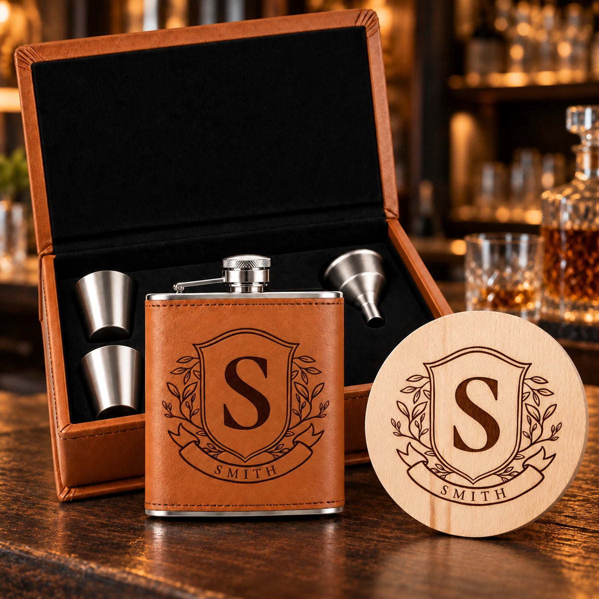 Personalised Family Crest Hip Flask Gift Set - Engraved Coaster, Choice of Colour