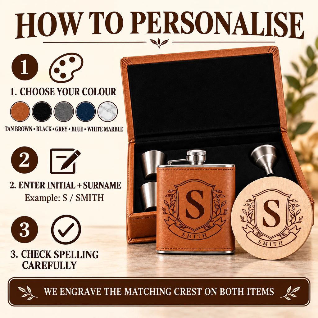 Personalised Family Crest Hip Flask Gift Set - Engraved Coaster, Choice of Colour
