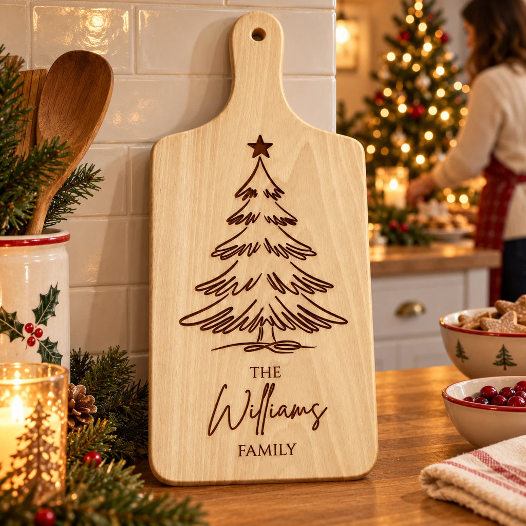 Personalised Christmas Chopping Board - Family Name, Engraved Wooden Serving Board