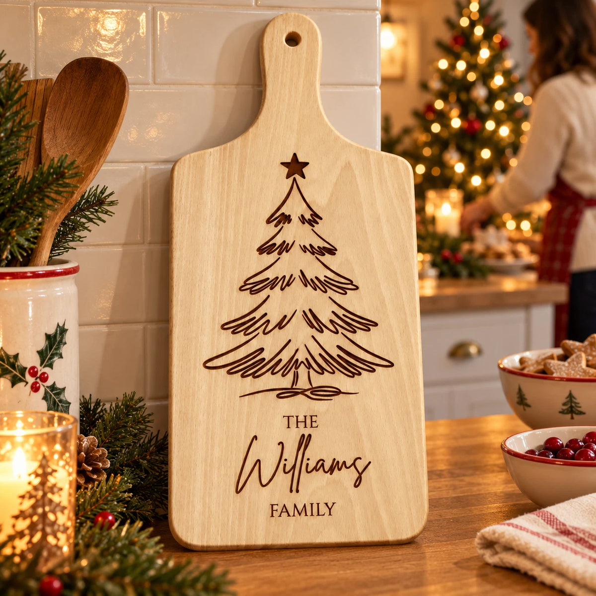 Personalised Christmas Chopping Board - Family Name, Engraved Wooden Serving Board