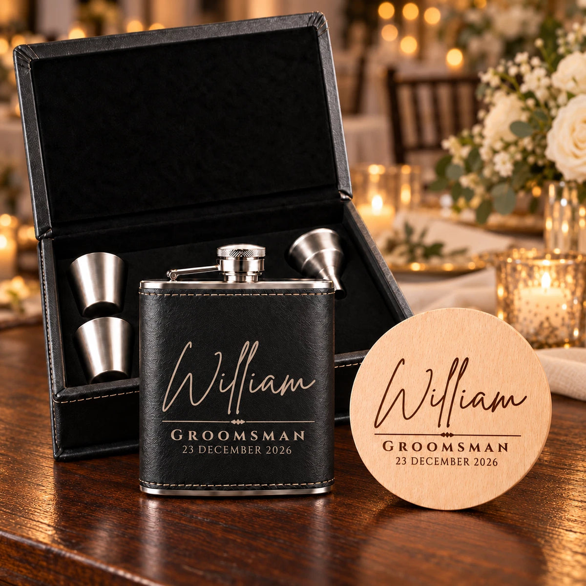 Personalised Wedding Hip Flask Gift Set - Best Man & Groomsman, Engraved Coaster