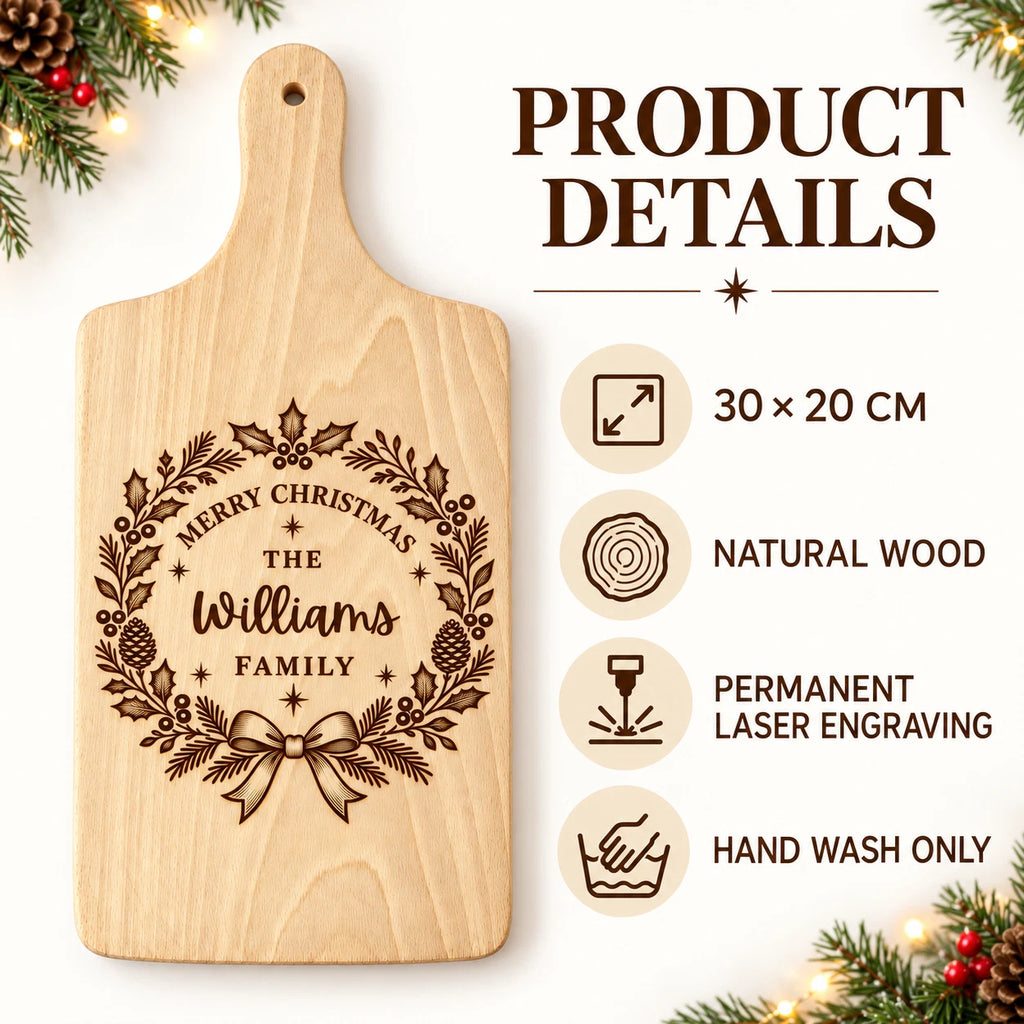 Personalised Christmas Serving Board - Wreath Family Name, Engraved Wooden 30x20cm
