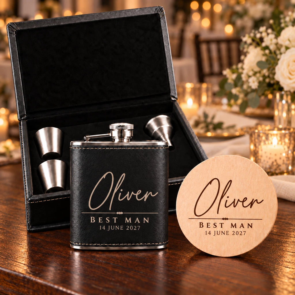 Personalised Wedding Hip Flask Gift Set - Best Man & Groomsman, Engraved Coaster