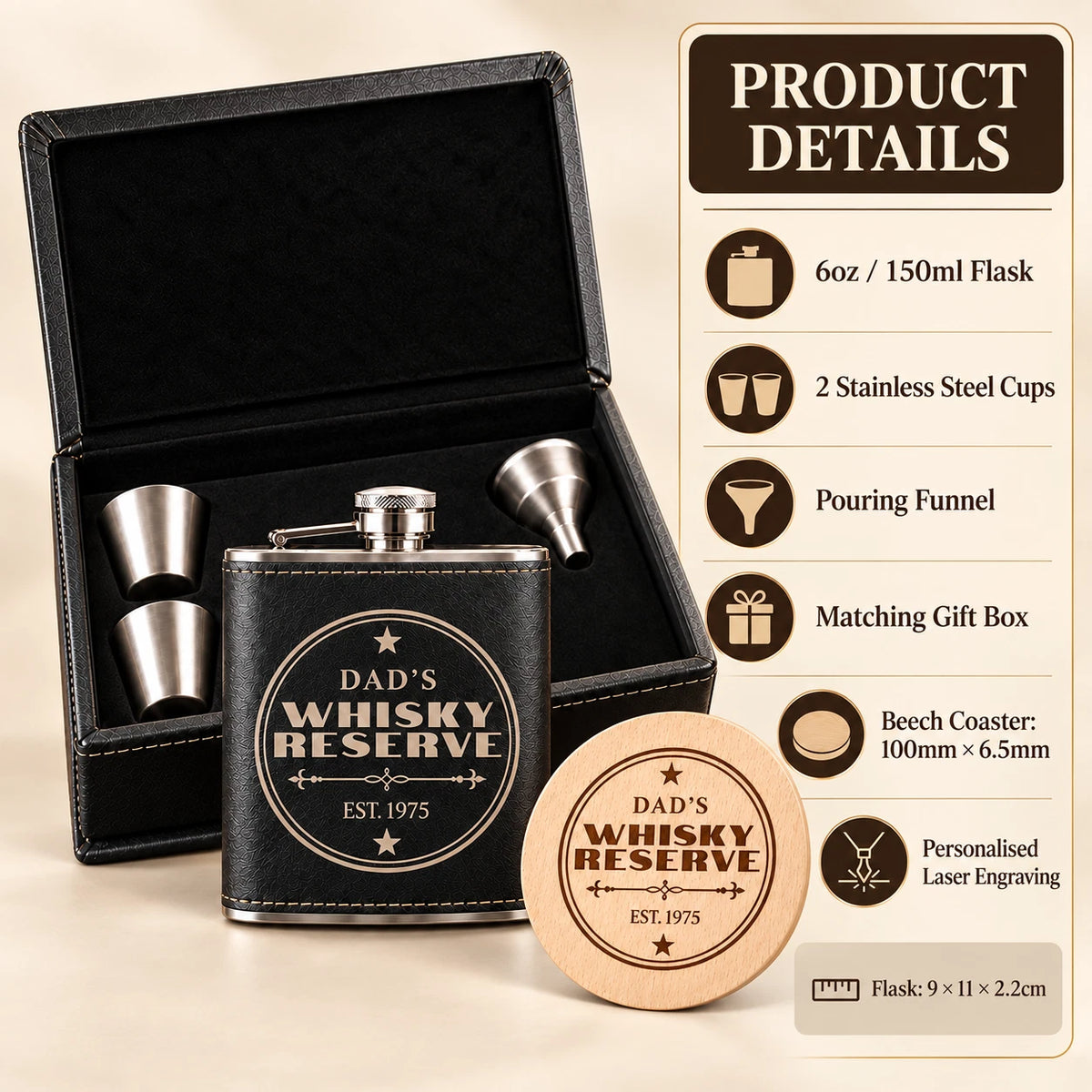 Personalised Hip Flask Gift Set & Coaster - Engraved Christmas Gift for Dad, 6oz