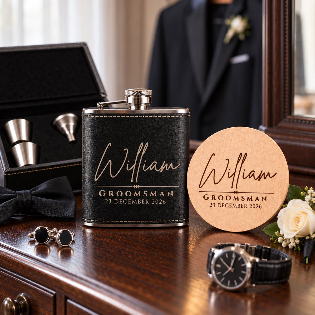 Personalised Wedding Hip Flask Gift Set - Best Man & Groomsman, Engraved Coaster