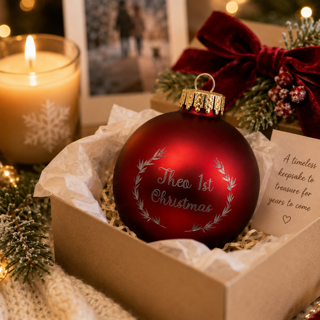 Personalised 1st Christmas bauble gold cap and hanging loop