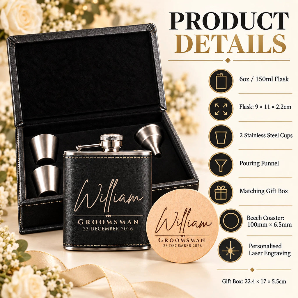 Personalised Wedding Hip Flask Gift Set - Best Man & Groomsman, Engraved Coaster