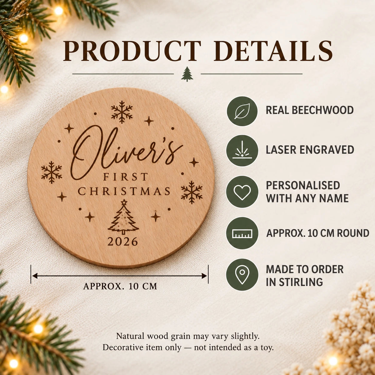 Personalised Baby's First Christmas Wooden Milestone Disc - Keepsake Photo Prop