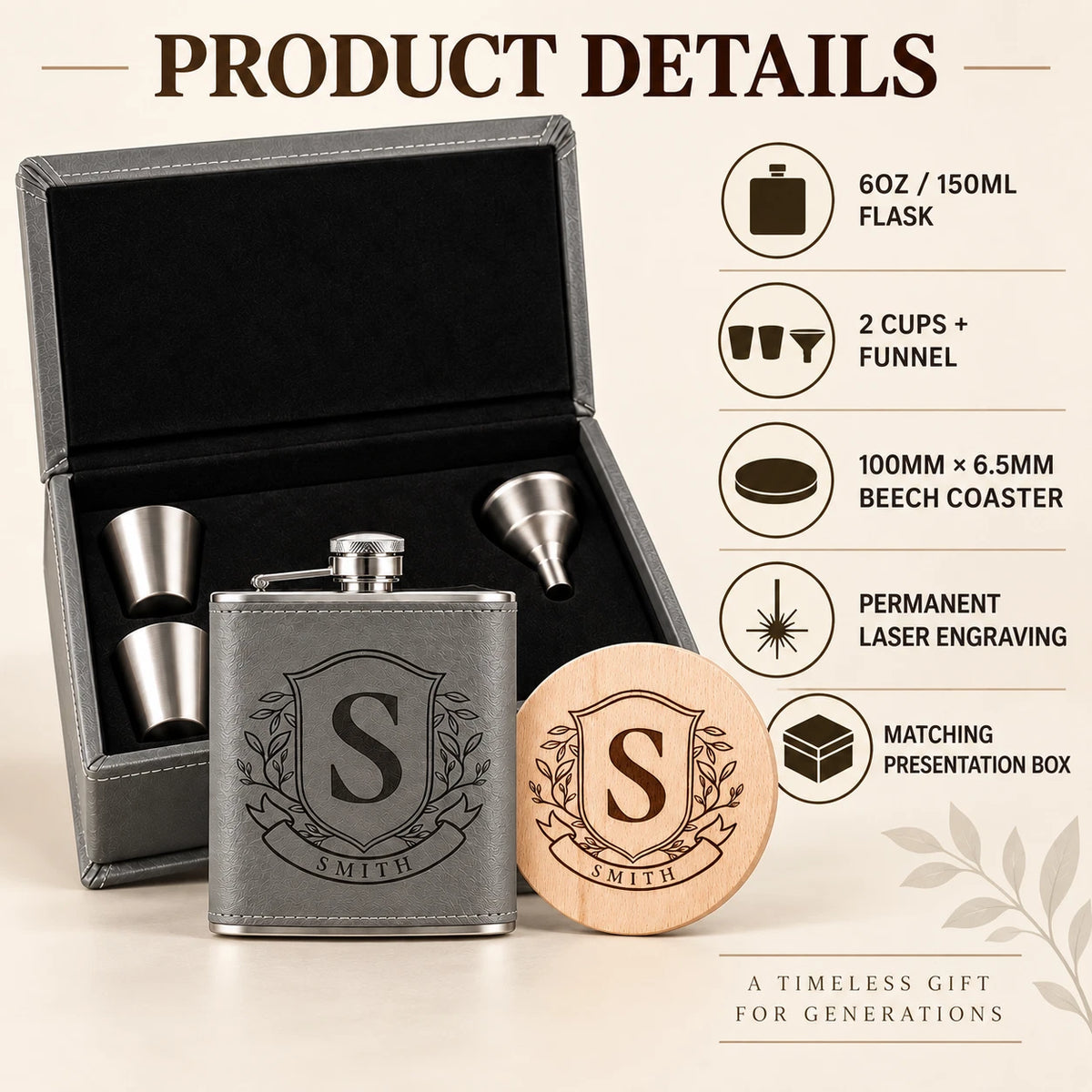 Personalised Family Crest Hip Flask Gift Set - Engraved Coaster, Choice of Colour