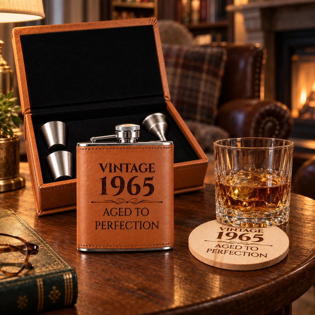 Personalised Hip Flask Gift Set - Vintage Year, Engraved Coaster, Choice of Colour