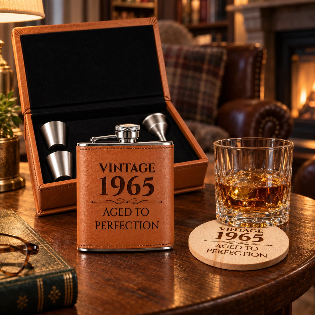 Personalised Hip Flask Gift Set - Vintage Year, Engraved Coaster, Choice of Colour