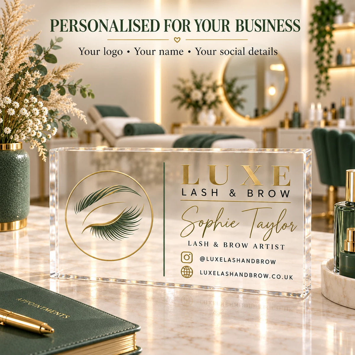 Personalised Acrylic Business Plaque - Desk Sign, Logo & Instagram, 20x10cm