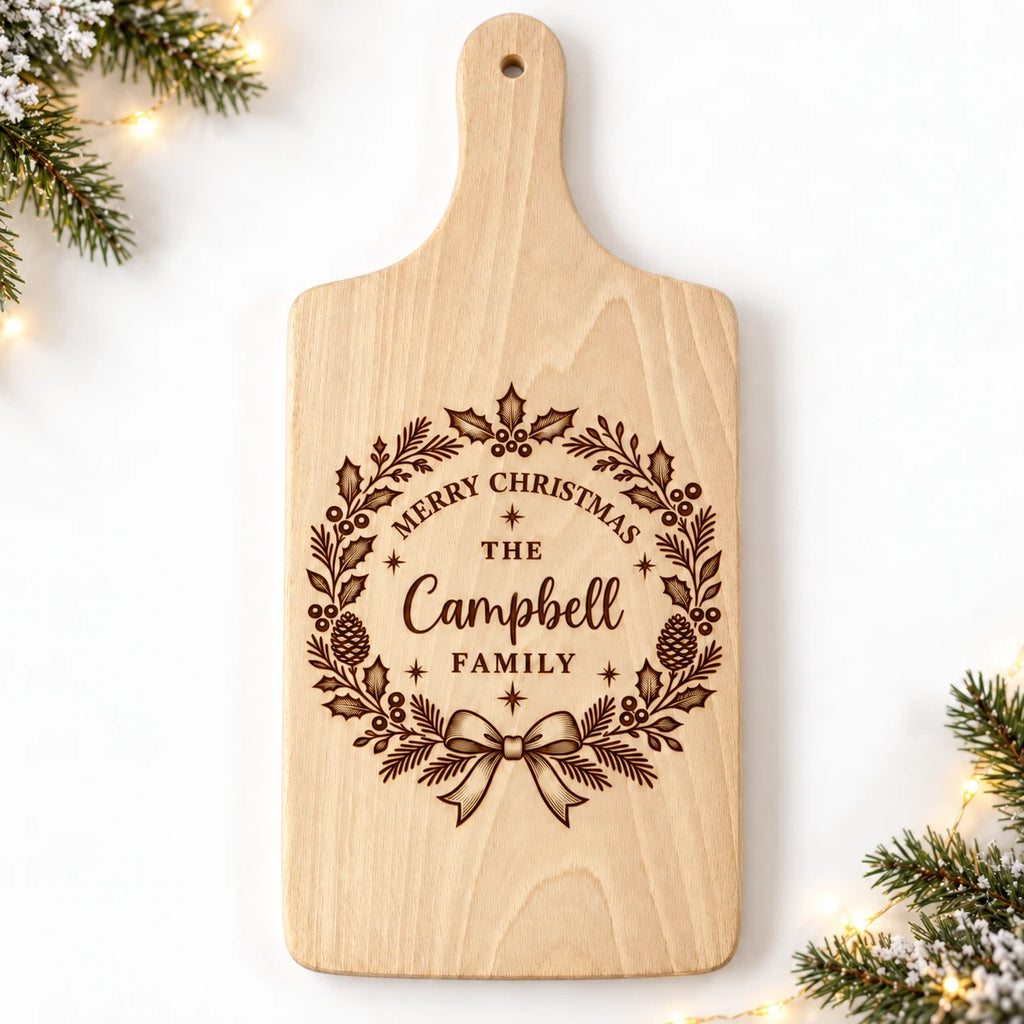 Personalised Christmas Serving Board - Wreath Family Name, Engraved Wooden 30x20cm