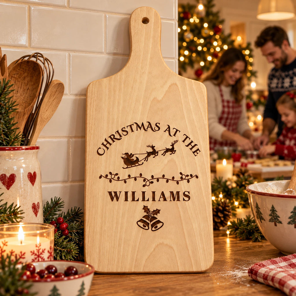 Personalised Christmas Serving Board - Snowman Family Name, Engraved Wooden 30x20cm