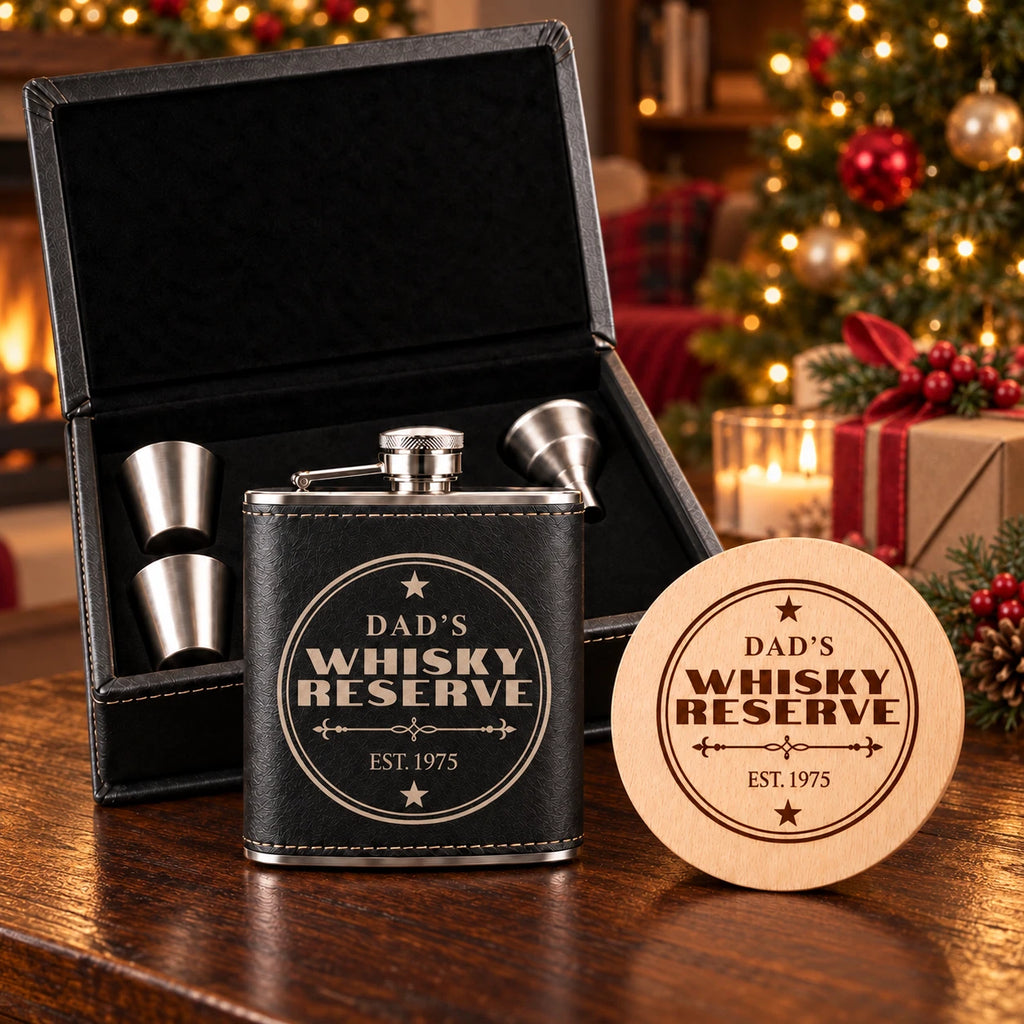 Personalised Hip Flask Gift Set & Coaster - Engraved Christmas Gift for Dad, 6oz