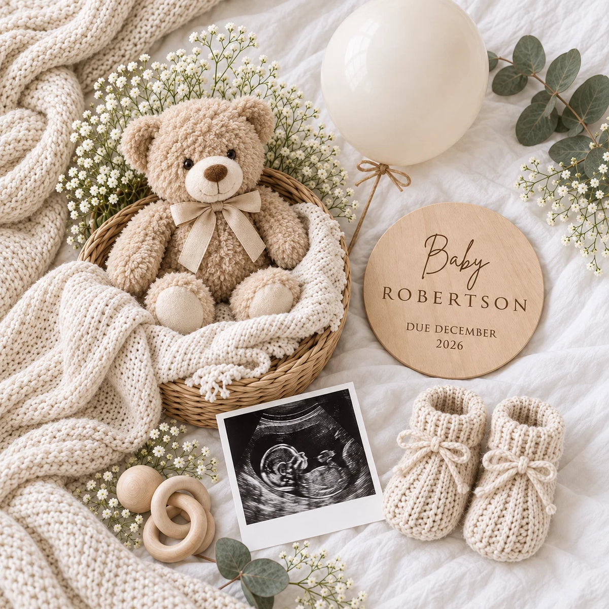 Personalised Baby Announcement Plaque - Wooden Pregnancy Reveal Due Date Disc, 10cm