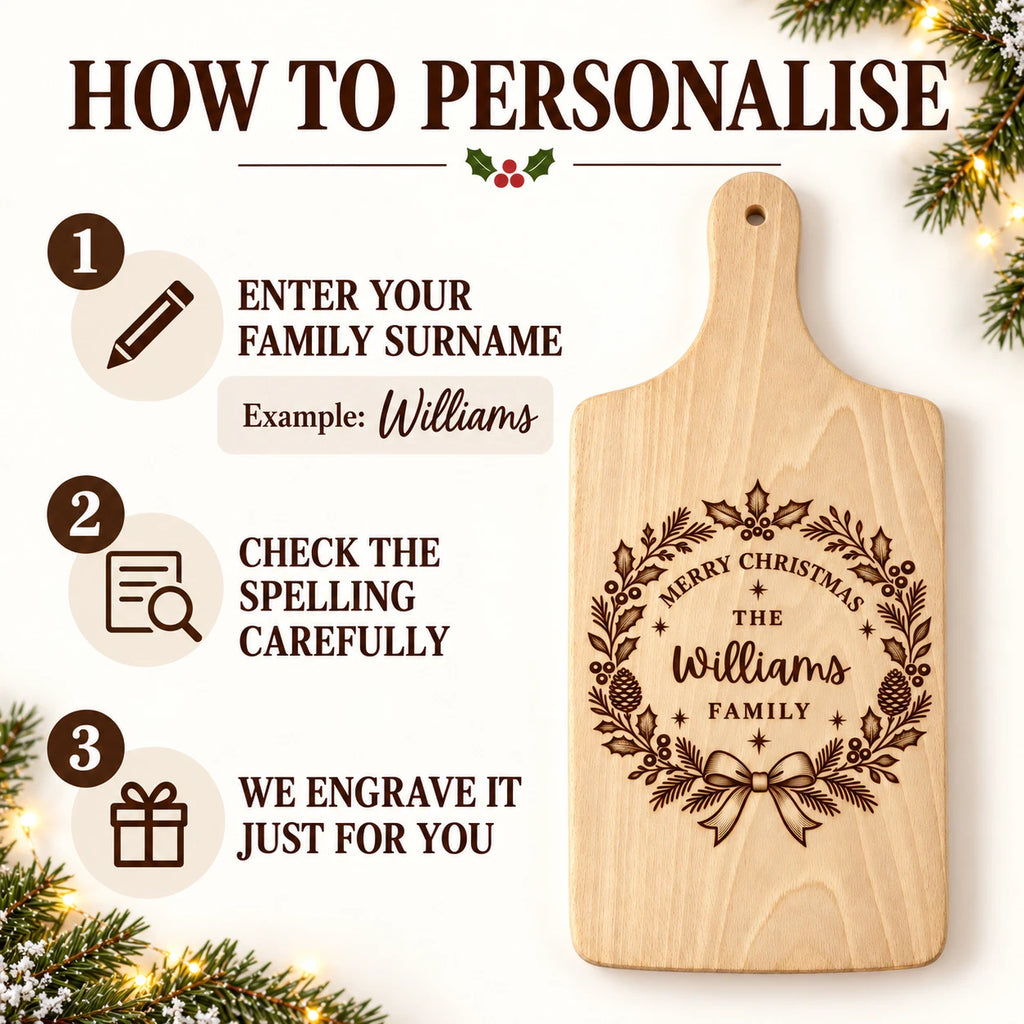 Personalised Christmas Serving Board - Wreath Family Name, Engraved Wooden 30x20cm