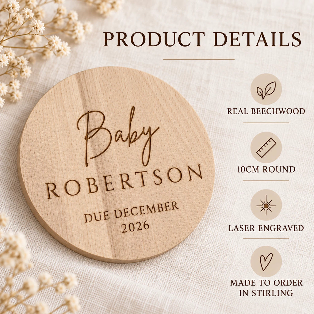 Personalised Baby Announcement Plaque - Wooden Pregnancy Reveal Due Date Disc, 10cm