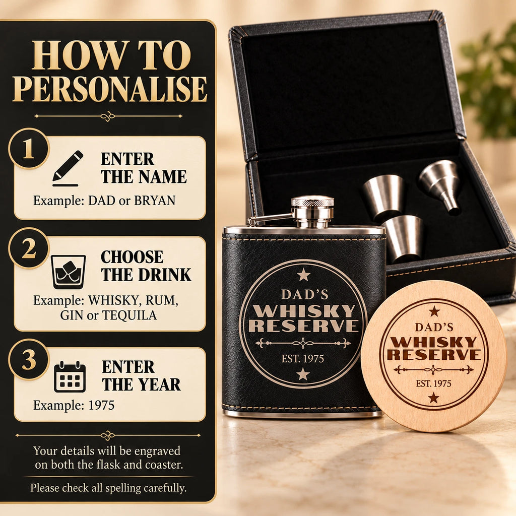 Personalised Hip Flask Gift Set & Coaster - Engraved Christmas Gift for Dad, 6oz
