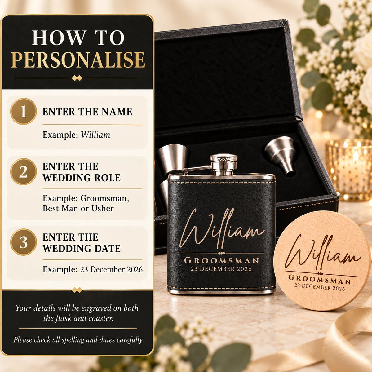 Personalised Wedding Hip Flask Gift Set - Best Man & Groomsman, Engraved Coaster
