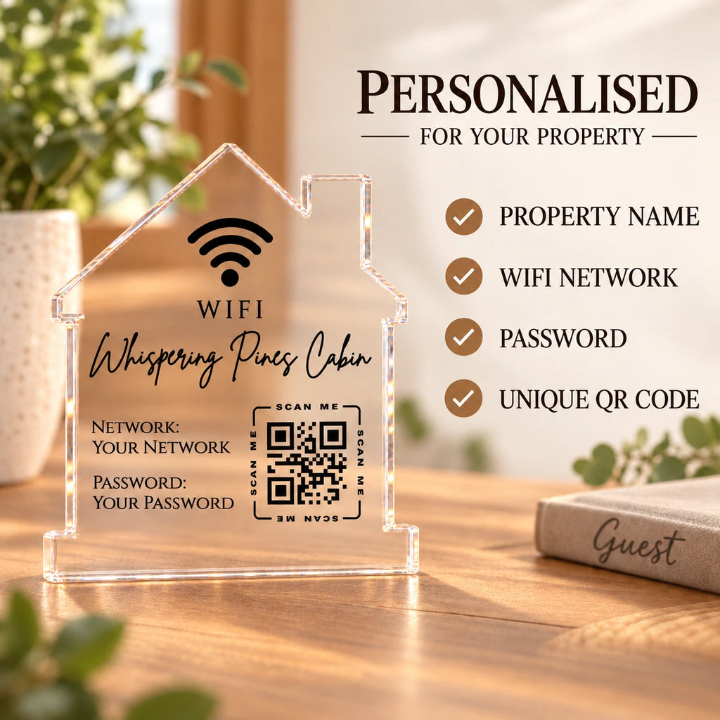 Personalised WiFi QR Code Sign - Acrylic House Shape, Airbnb Holiday Let & Guest House