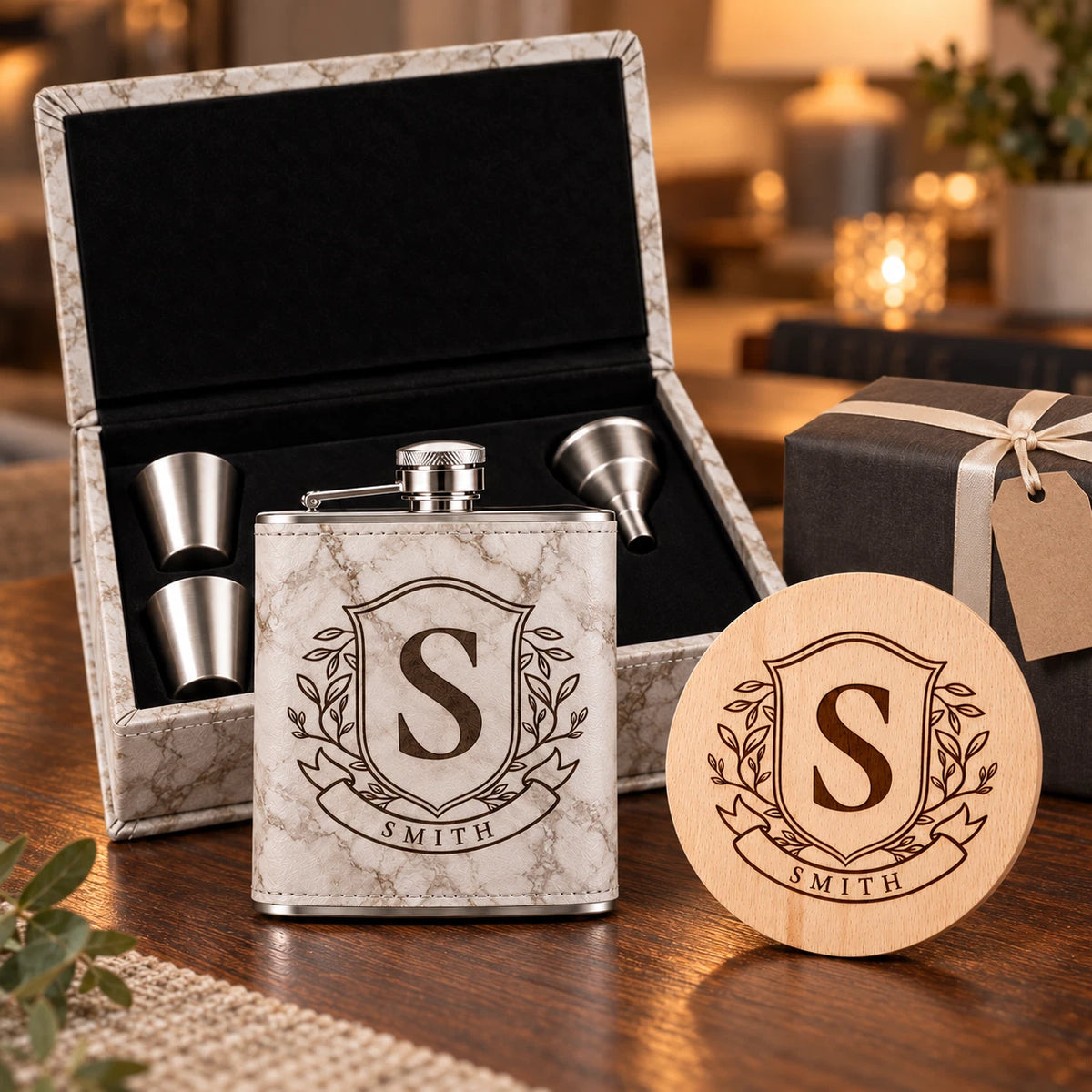 Personalised Family Crest Hip Flask Gift Set - Engraved Coaster, Choice of Colour