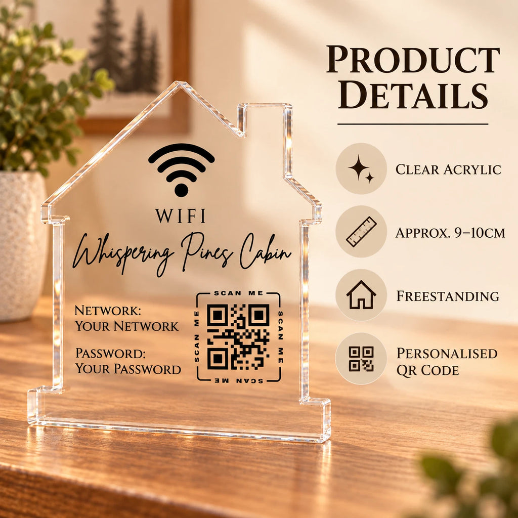 Personalised WiFi QR Code Sign - Acrylic House Shape, Airbnb Holiday Let & Guest House