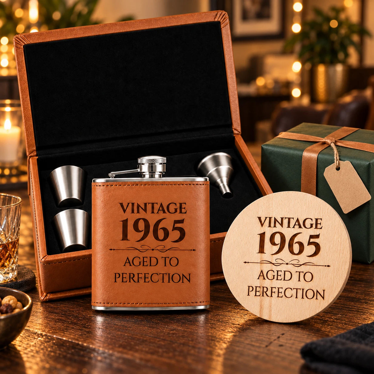 Personalised Hip Flask Gift Set - Vintage Year, Engraved Coaster, Choice of Colour