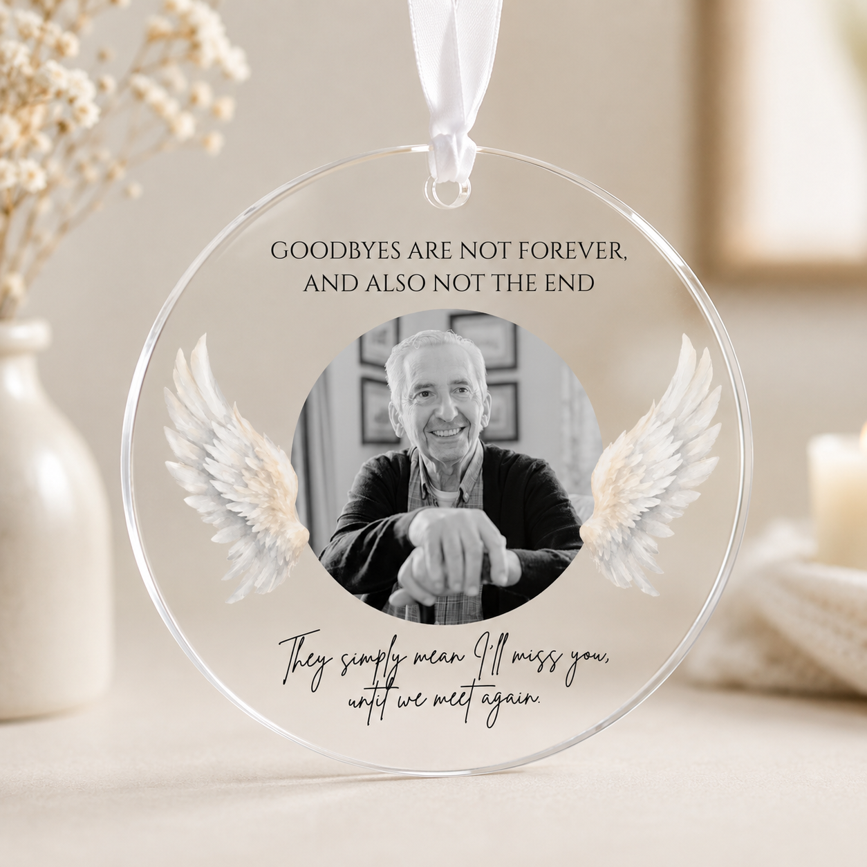 Personalised memorial photo acrylic bauble angel wings