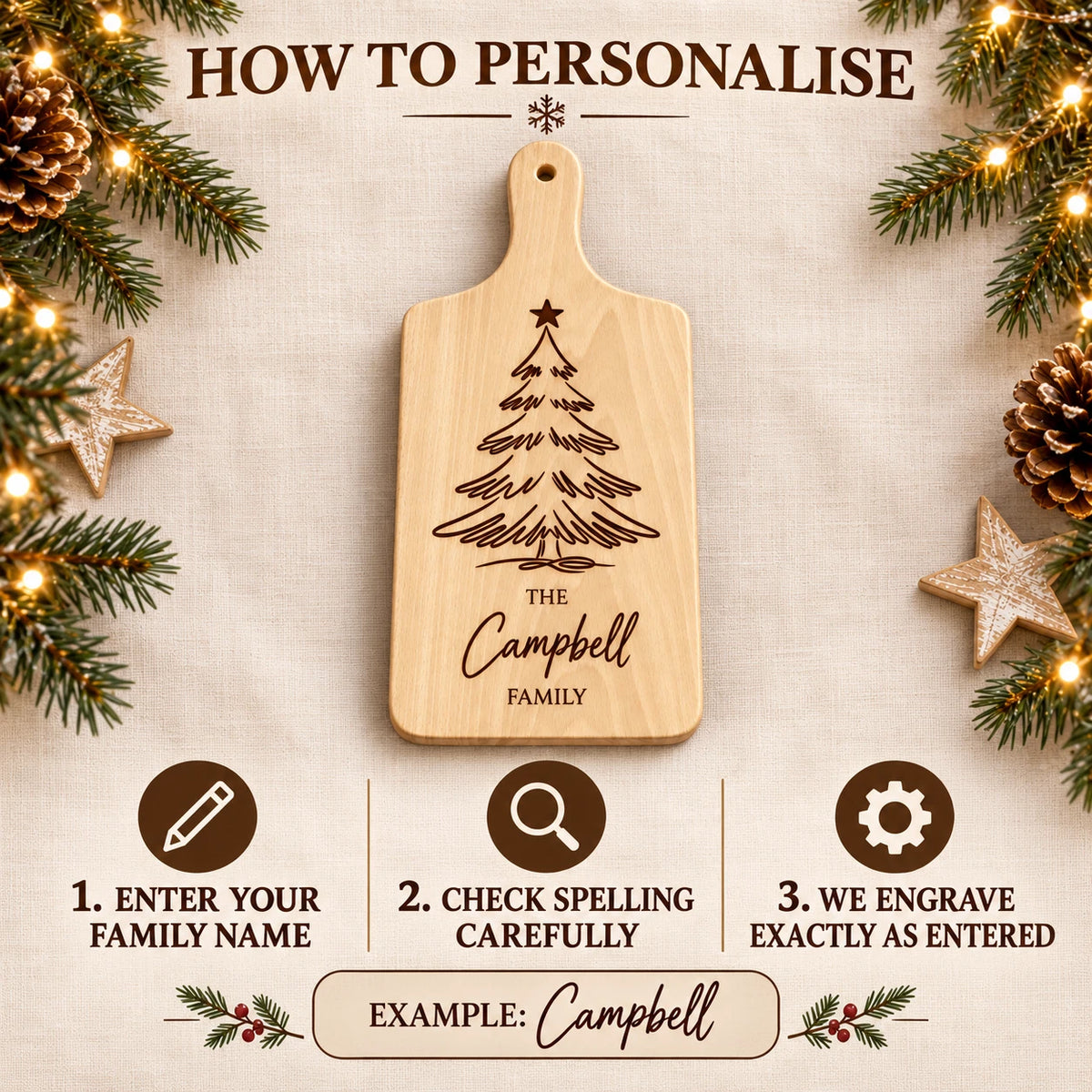 Personalised Christmas Chopping Board - Family Name, Engraved Wooden Serving Board