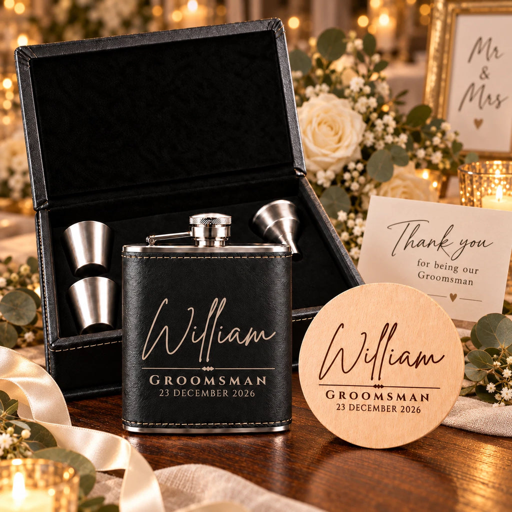 Personalised Wedding Hip Flask Gift Set - Best Man & Groomsman, Engraved Coaster