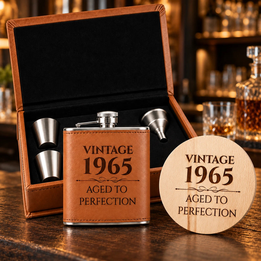 Personalised Hip Flask Gift Set - Vintage Year, Engraved Coaster, Choice of Colour