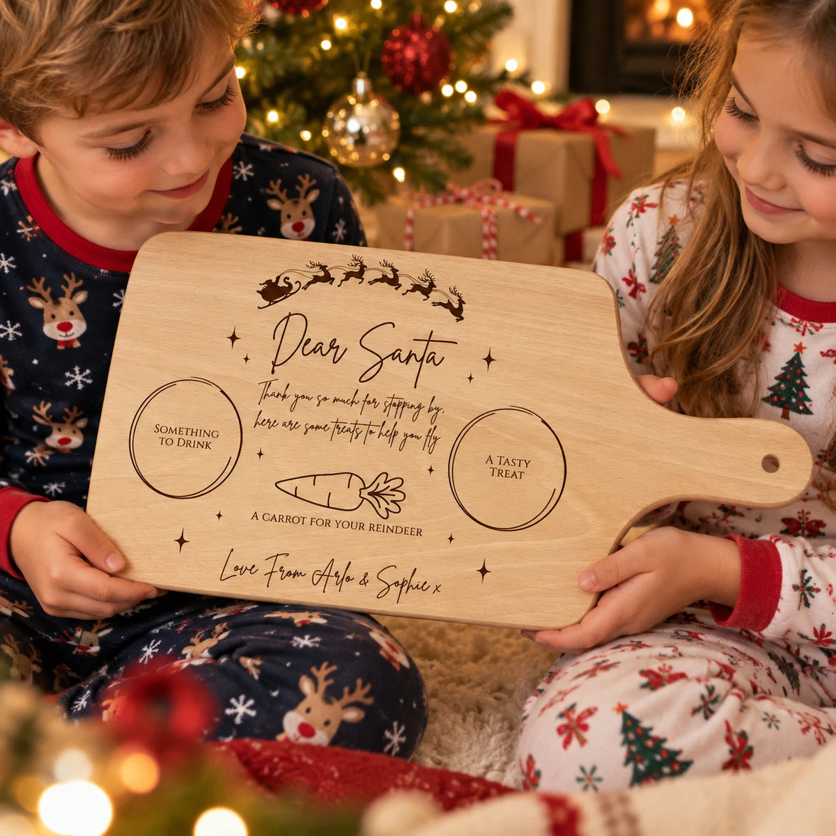 Personalised Christmas Eve Board - Santa Treat Milk & Rudolph, Engraved Beechwood