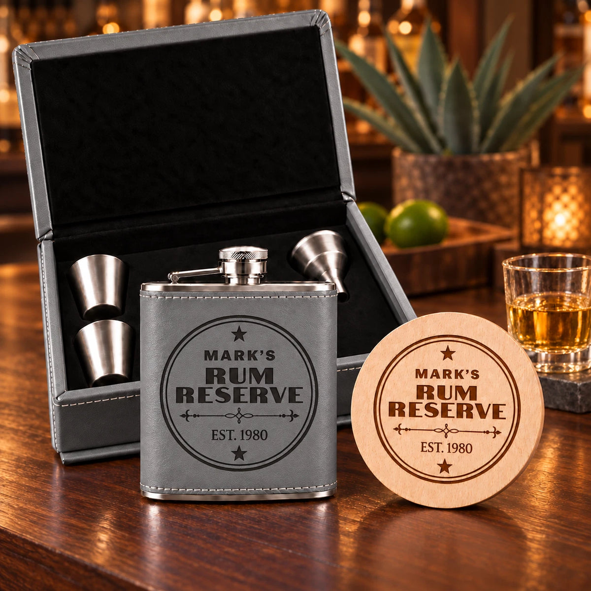 Personalised Hip Flask Gift Set & Coaster - Engraved Christmas Gift for Dad, 6oz