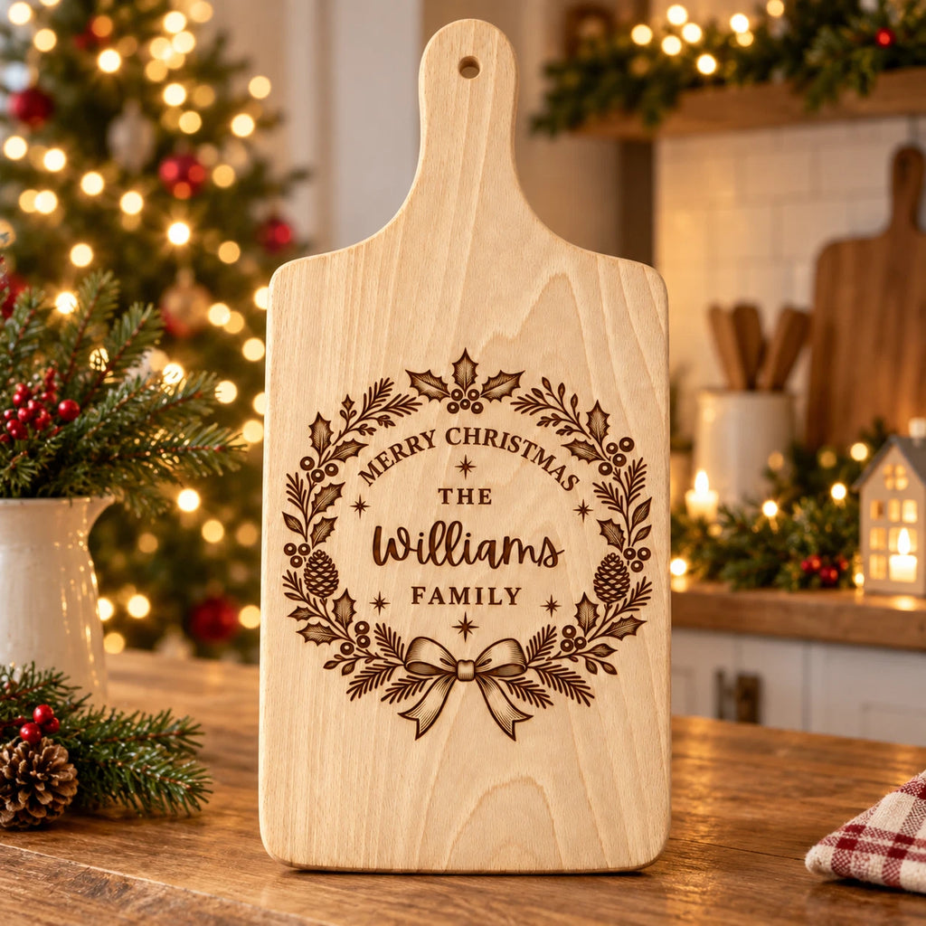 Personalised Christmas Serving Board - Wreath Family Name, Engraved Wooden 30x20cm