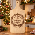 Personalised Christmas Serving Board - Wreath Family Name, Engraved Wooden 30x20cm