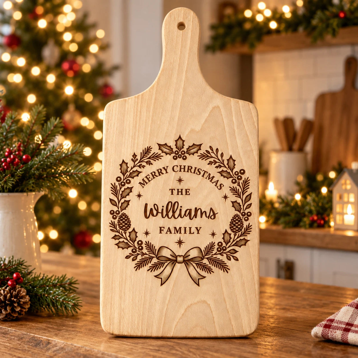 Personalised Christmas Serving Board - Wreath Family Name, Engraved Wooden 30x20cm