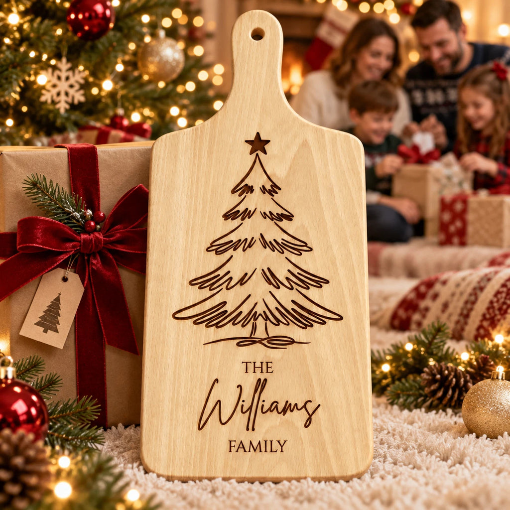 Personalised Christmas Chopping Board - Family Name, Engraved Wooden Serving Board