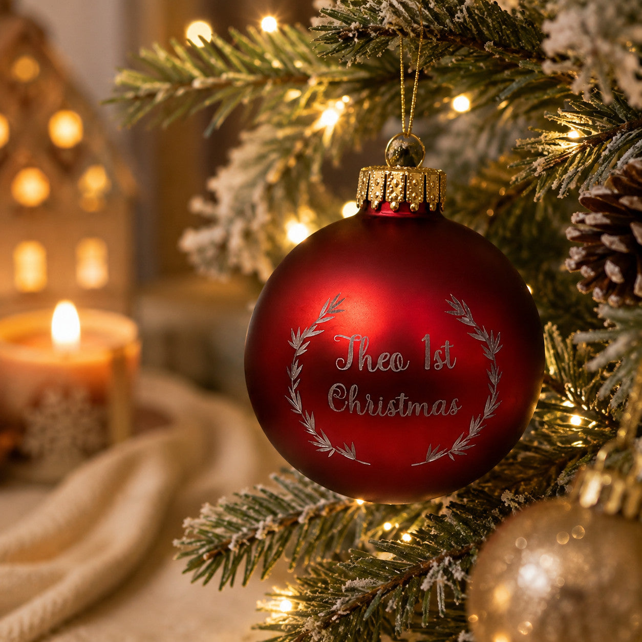 Personalised 1st Christmas engraved red bauble hanging on tree