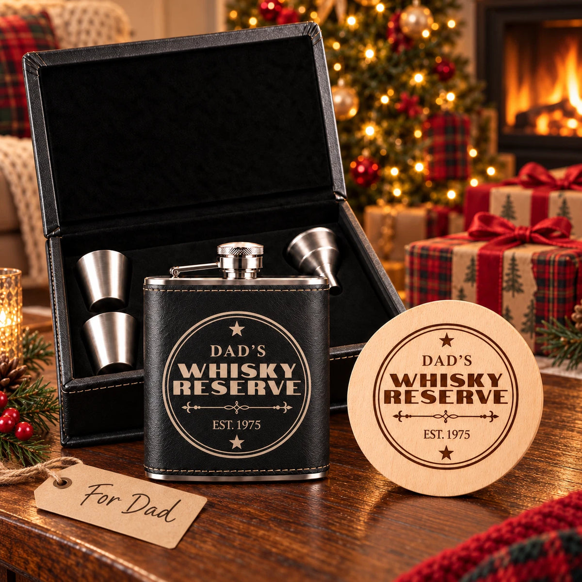 Personalised Hip Flask Gift Set & Coaster - Engraved Christmas Gift for Dad, 6oz