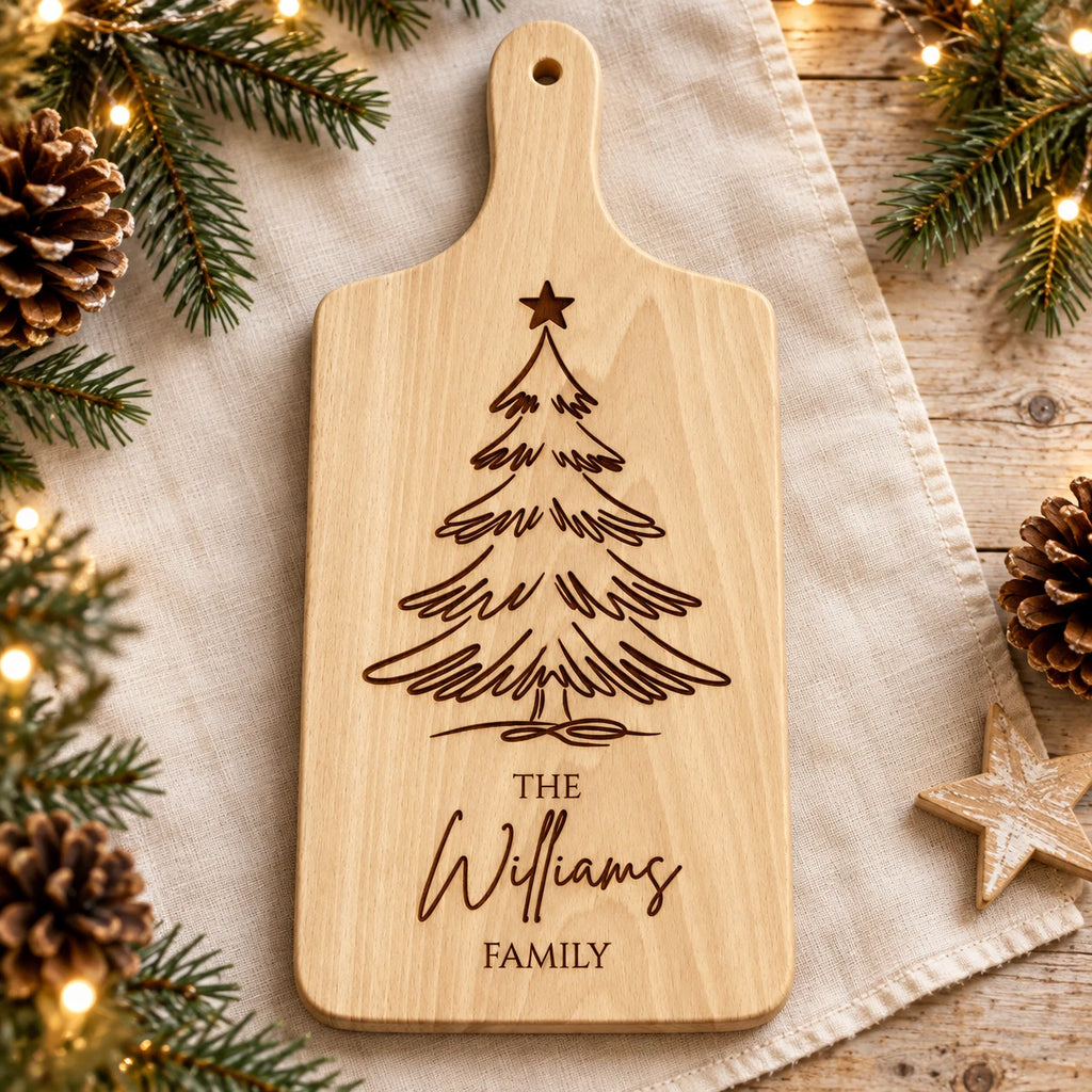 Personalised Christmas Chopping Board - Family Name, Engraved Wooden Serving Board
