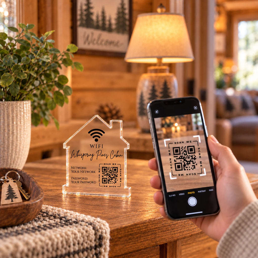Personalised WiFi QR Code Sign - Acrylic House Shape, Airbnb Holiday Let & Guest House