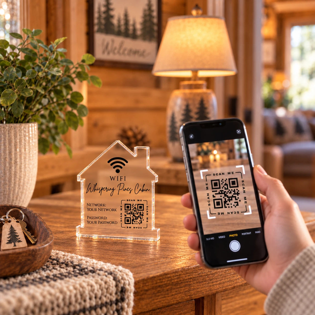 Personalised WiFi QR Code Sign - Acrylic House Shape, Airbnb Holiday Let & Guest House