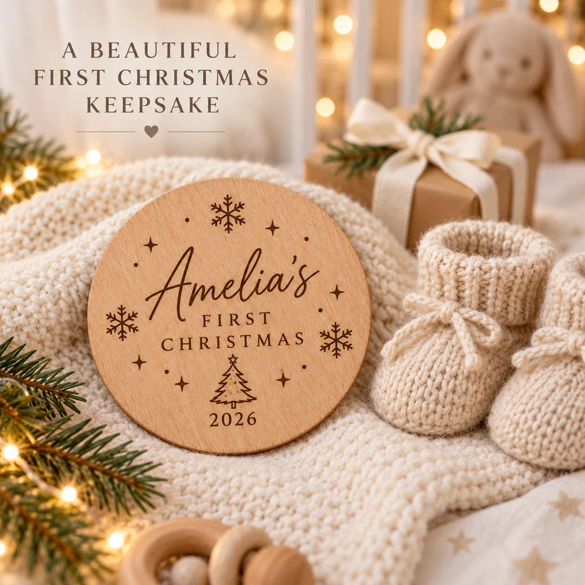 Personalised Baby's First Christmas Wooden Milestone Disc - Keepsake Photo Prop