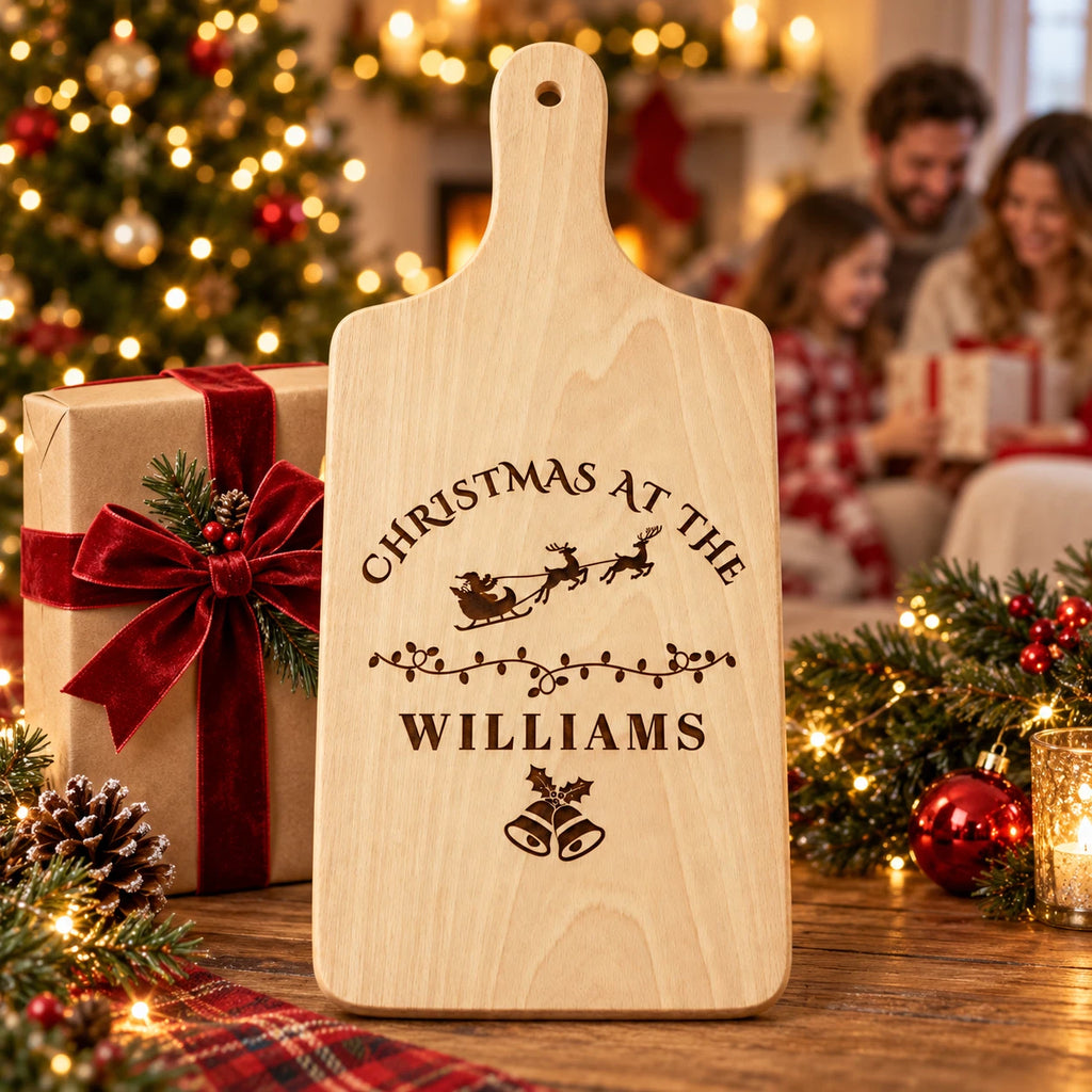 Personalised Christmas Serving Board - Snowman Family Name, Engraved Wooden 30x20cm