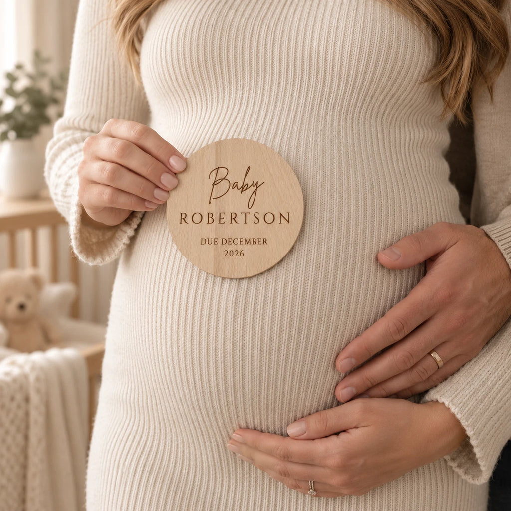 Personalised Baby Announcement Plaque - Wooden Pregnancy Reveal Due Date Disc, 10cm