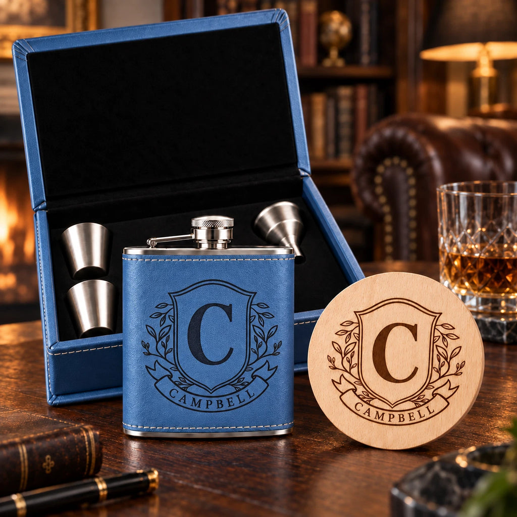 Personalised Family Crest Hip Flask Gift Set - Engraved Coaster, Choice of Colour
