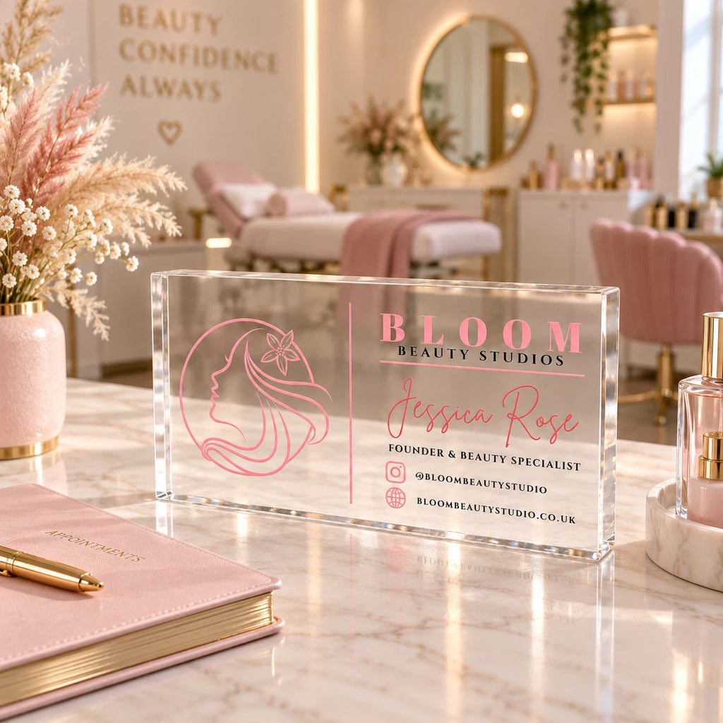 Personalised Acrylic Business Plaque - Desk Sign, Logo & Instagram, 20x10cm