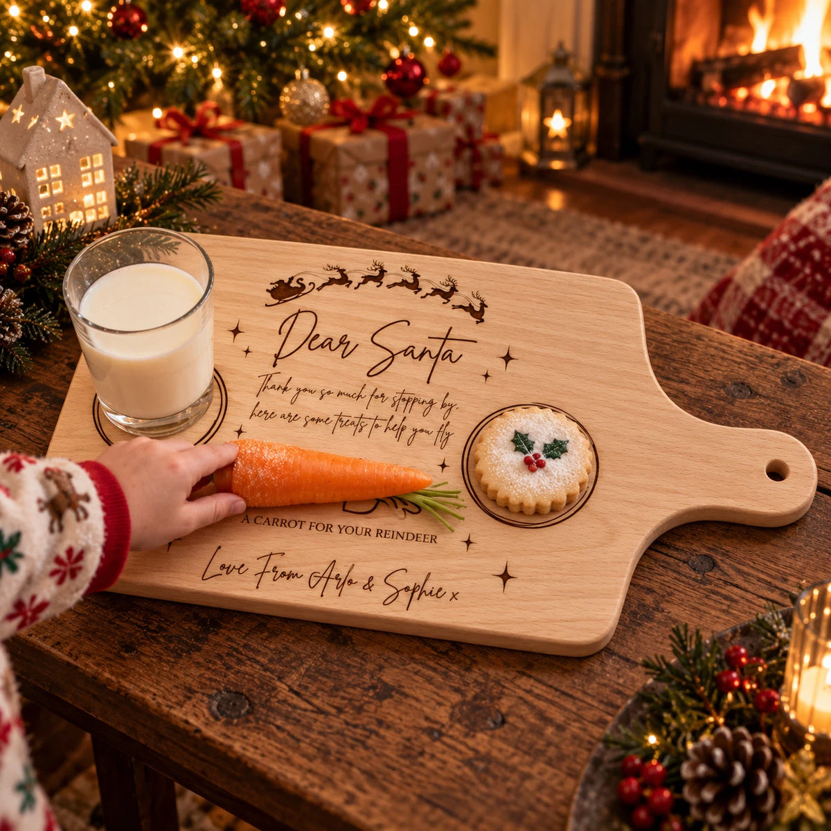 Personalised Christmas Eve Board - Santa Treat Milk & Rudolph, Engraved Beechwood